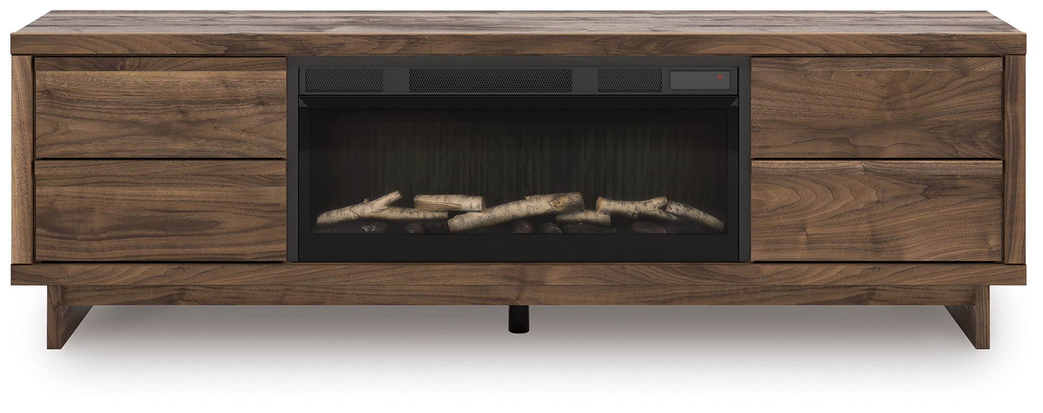 Dark brown wood TV stand with central fireplace insert and two side drawers