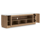 Light brown TV stand with open center shelves and two side cabinet doors