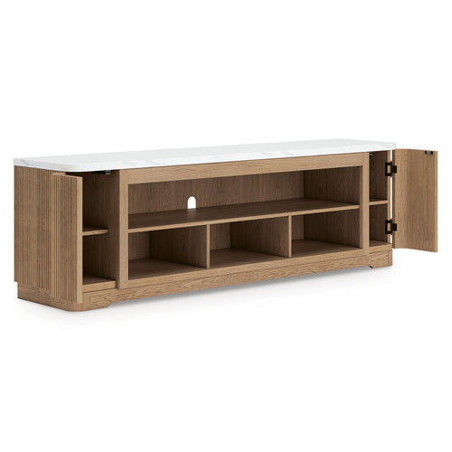 Light brown TV stand with open center shelves and two side cabinet doors