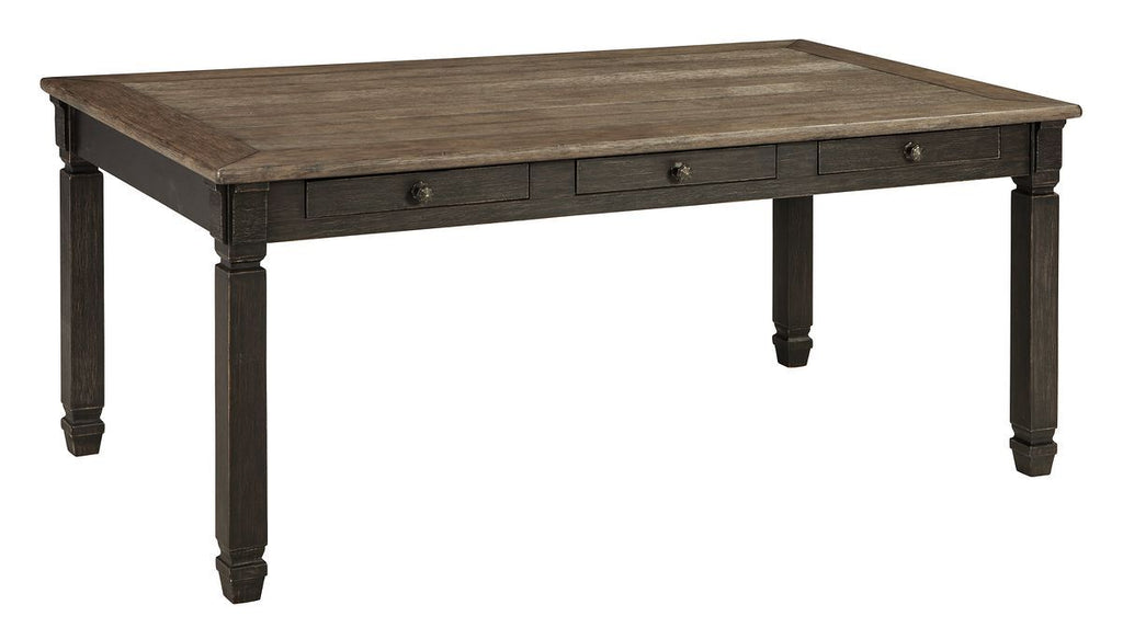 Dark gray rectangular dining table with turned legs and drawer apron