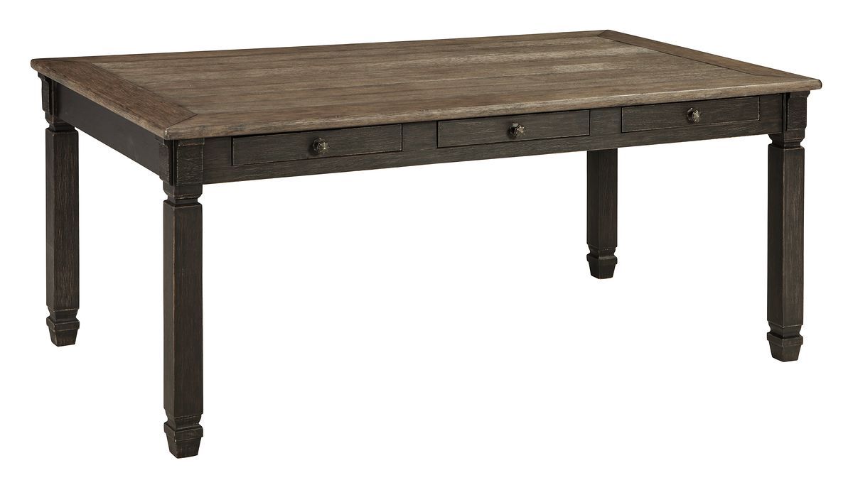 Dark gray rectangular dining table with turned legs and drawer apron