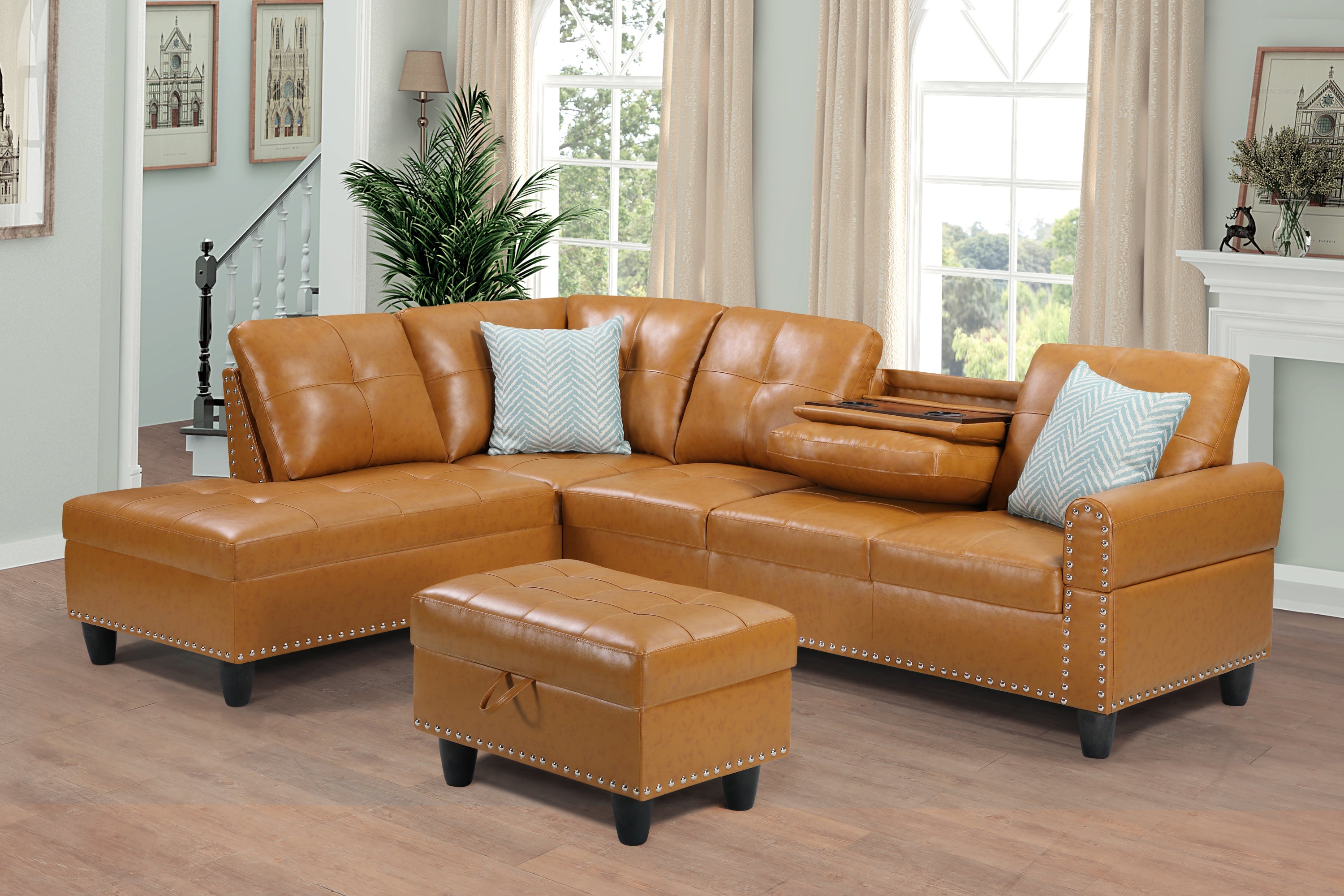 Faux Leather L-Shaped Sectional Sofa Set with Cup Holders