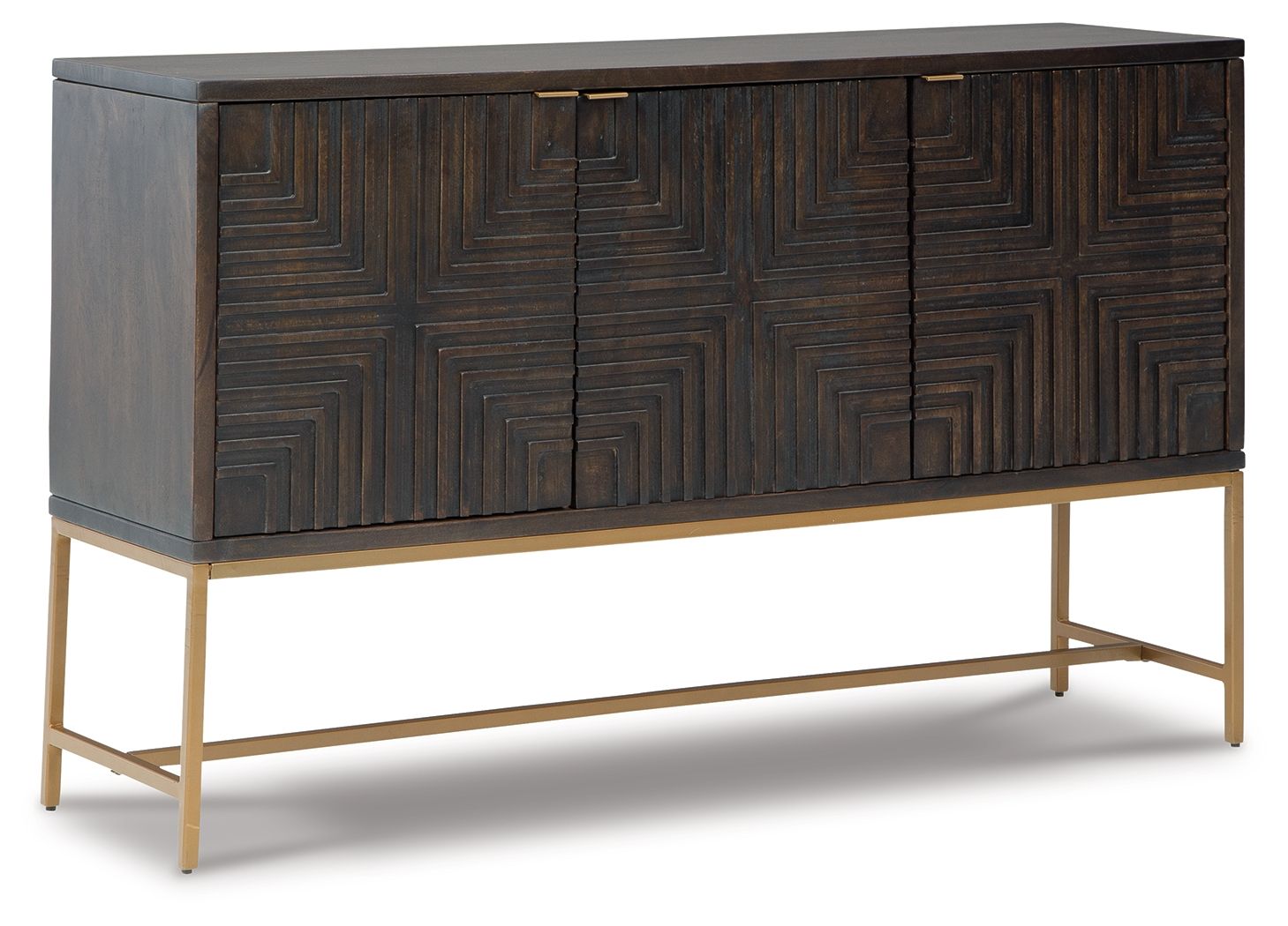 Dark brown accent cabinet with geometric door fronts and gold-tone legs