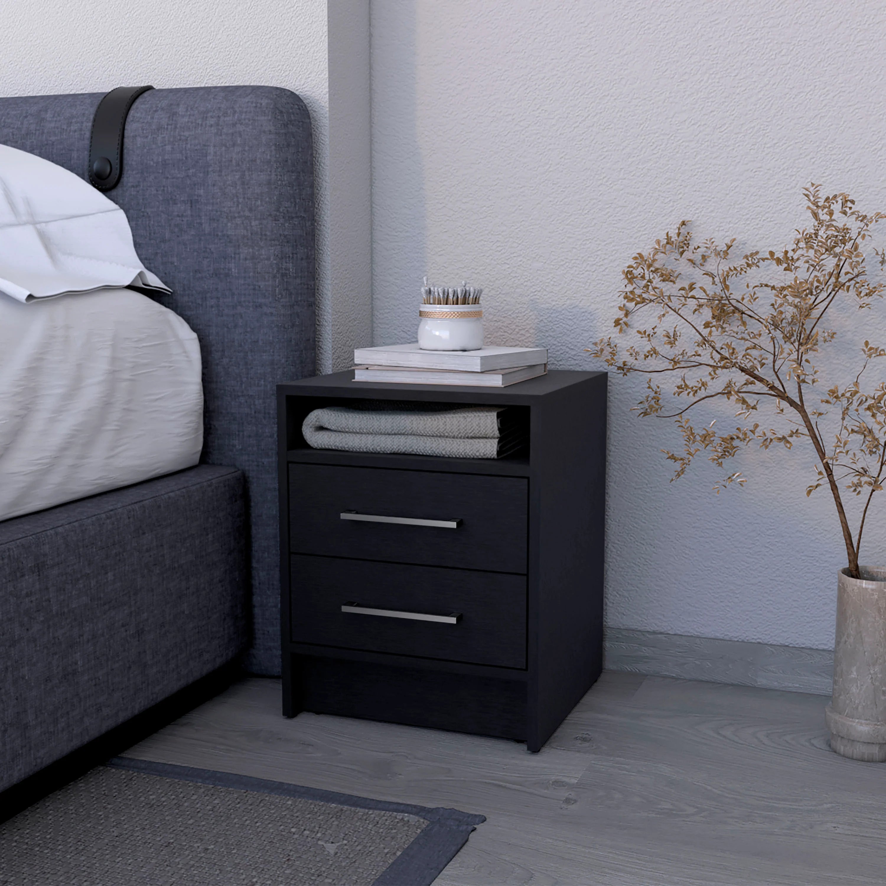 Wenge 2-Drawer Nightstand: Modern Wood Bedside Storage