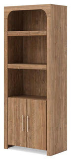 Brown display cabinet, angled view, arched upper compartment and two-door lower cabinet