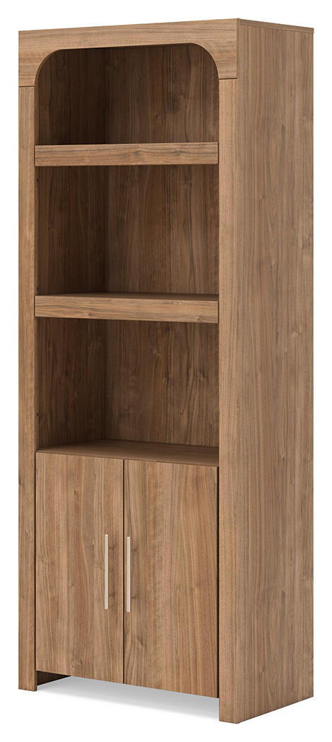 Brown display cabinet, angled view, arched upper compartment and two-door lower cabinet