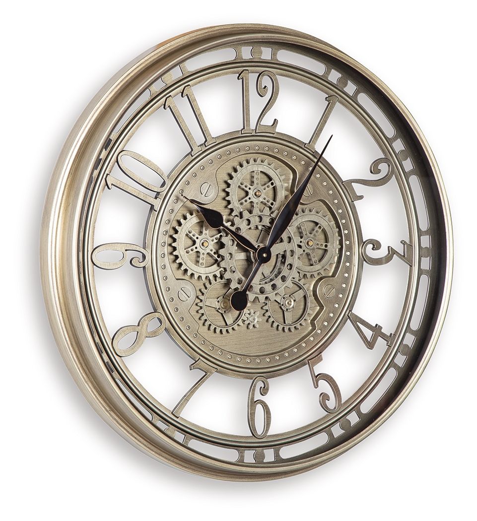 Champagne wall clock with open gear dial and Roman numerals, black hands