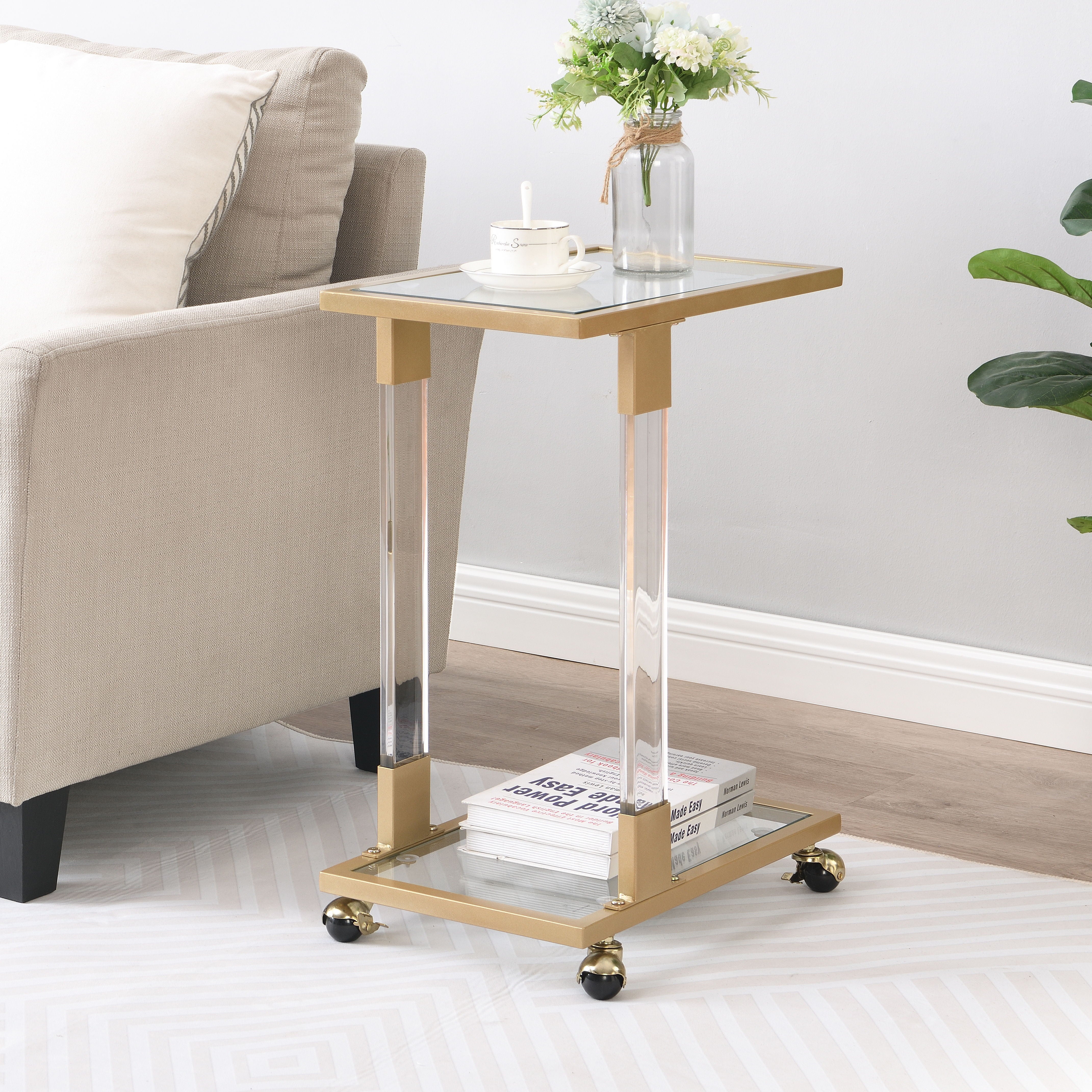 Golden Side Table, Acrylic Sofa Table, Glass Top C Shape Square Table With Metal Base For Living Room, Bedroom, Balcony Home And Office