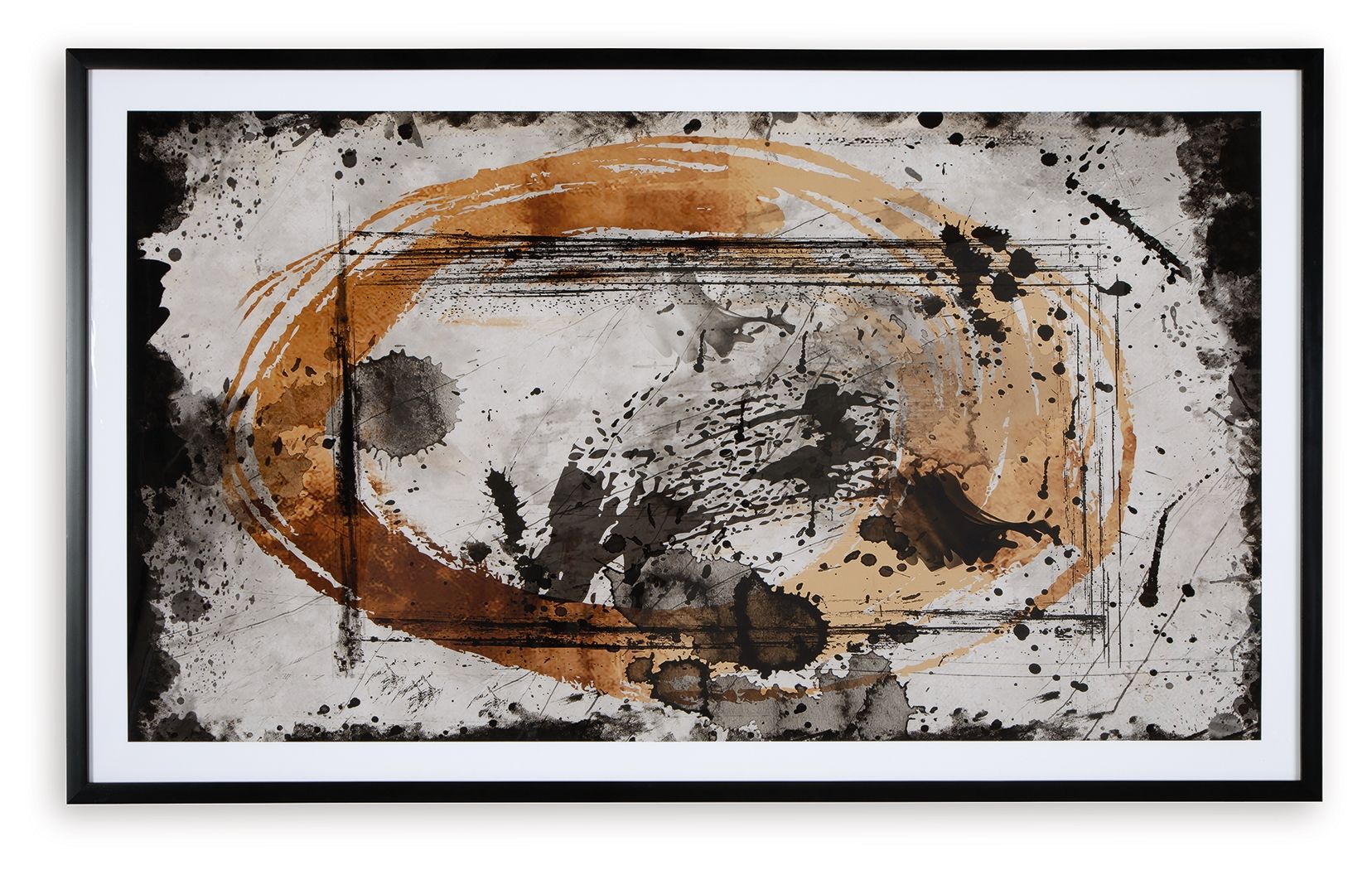 Framed abstract wall art print, horizontal, with black, caramel, and tan splatter