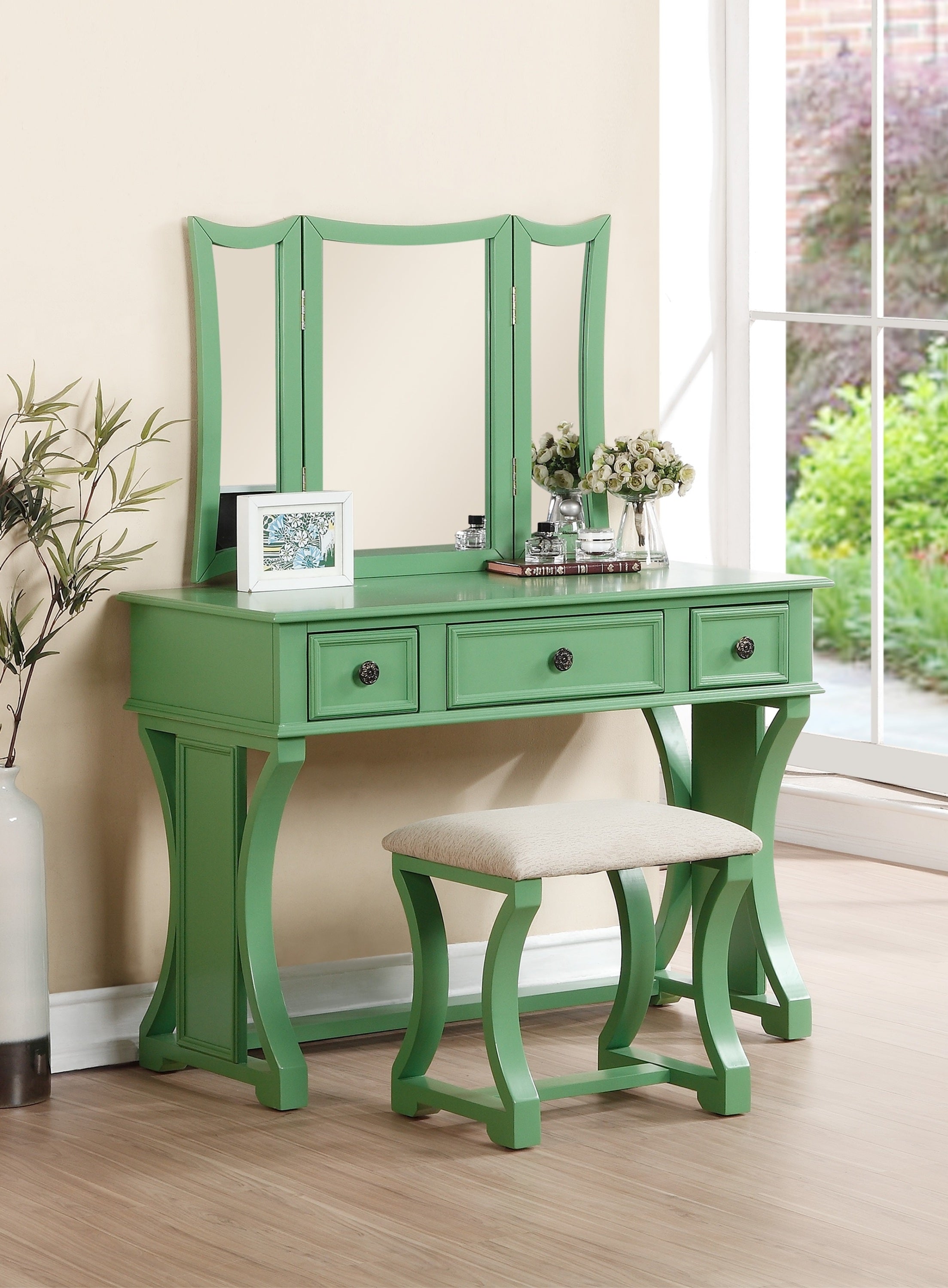Modern Apple Green Vanity Set w/ Stool, Fold Mirror, Drawers