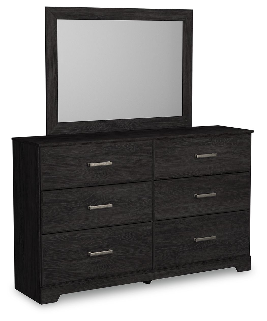 Black dresser with attached mirror and four drawers with silver bar pulls