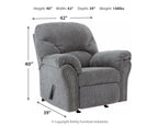 Pewter fabric rocker recliner front view with dimensions: 40"H, 42"W, 39"D