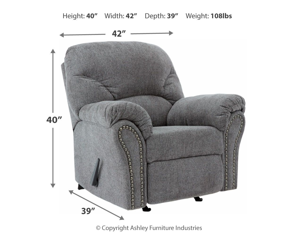 Pewter fabric rocker recliner front view with dimensions: 40"H, 42"W, 39"D