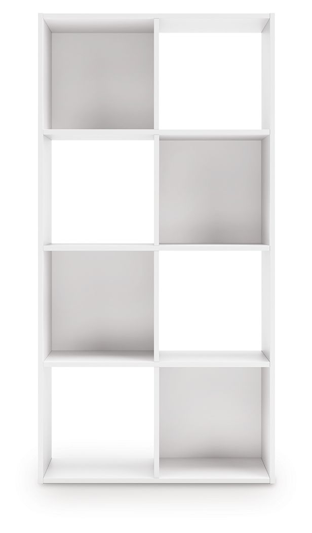 White cube storage organizer with open cubbies, vertical front view of compartments