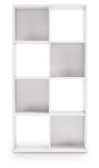 White cube storage organizer with open cubbies, vertical front view of compartments