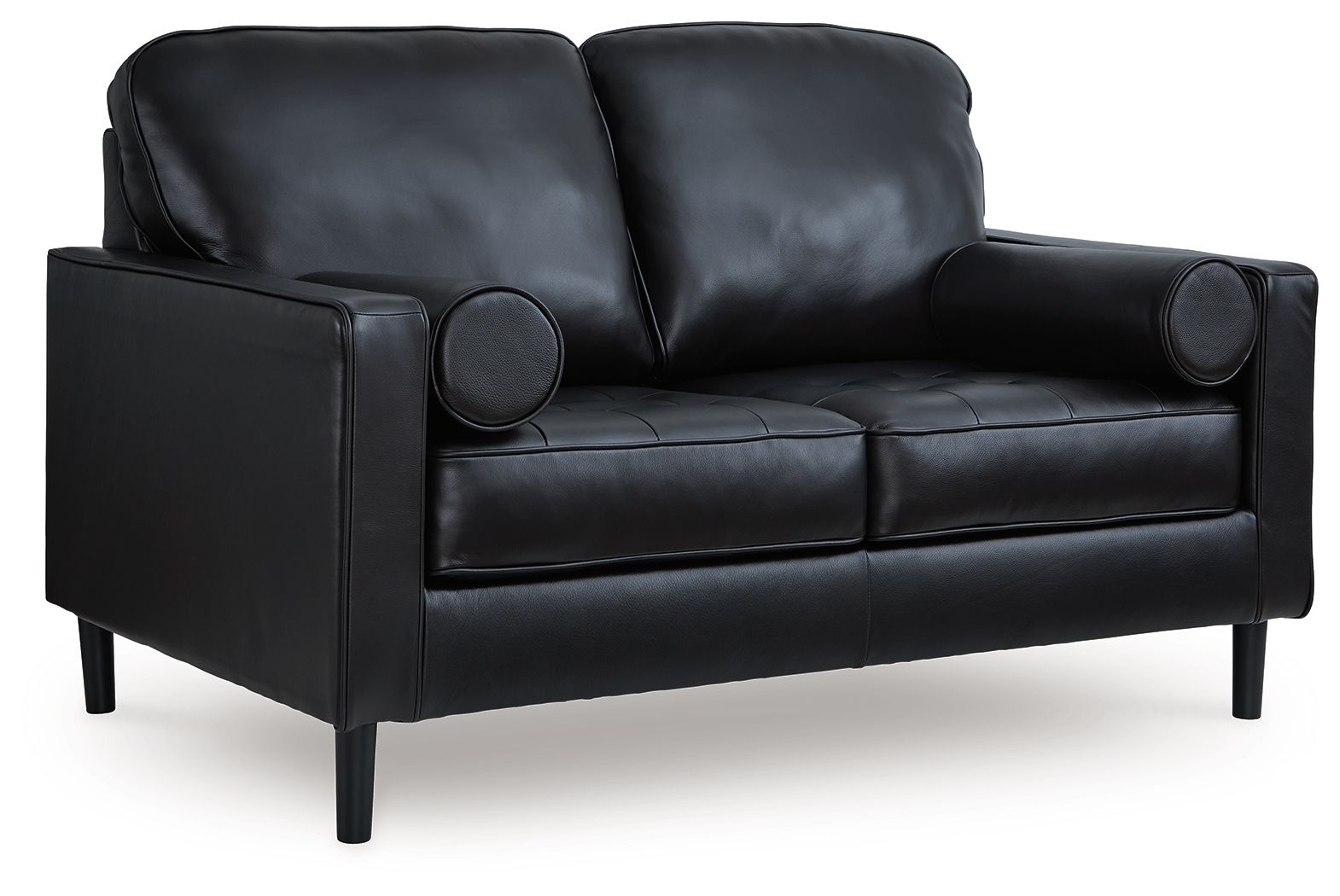 Onyx leather-look loveseat with circular arm details and deep two-seat cushions