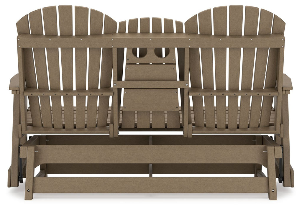 Dark brown outdoor loveseat with slatted back, armrests, and bench seat