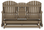 Dark brown outdoor loveseat with slatted back, armrests, and bench seat