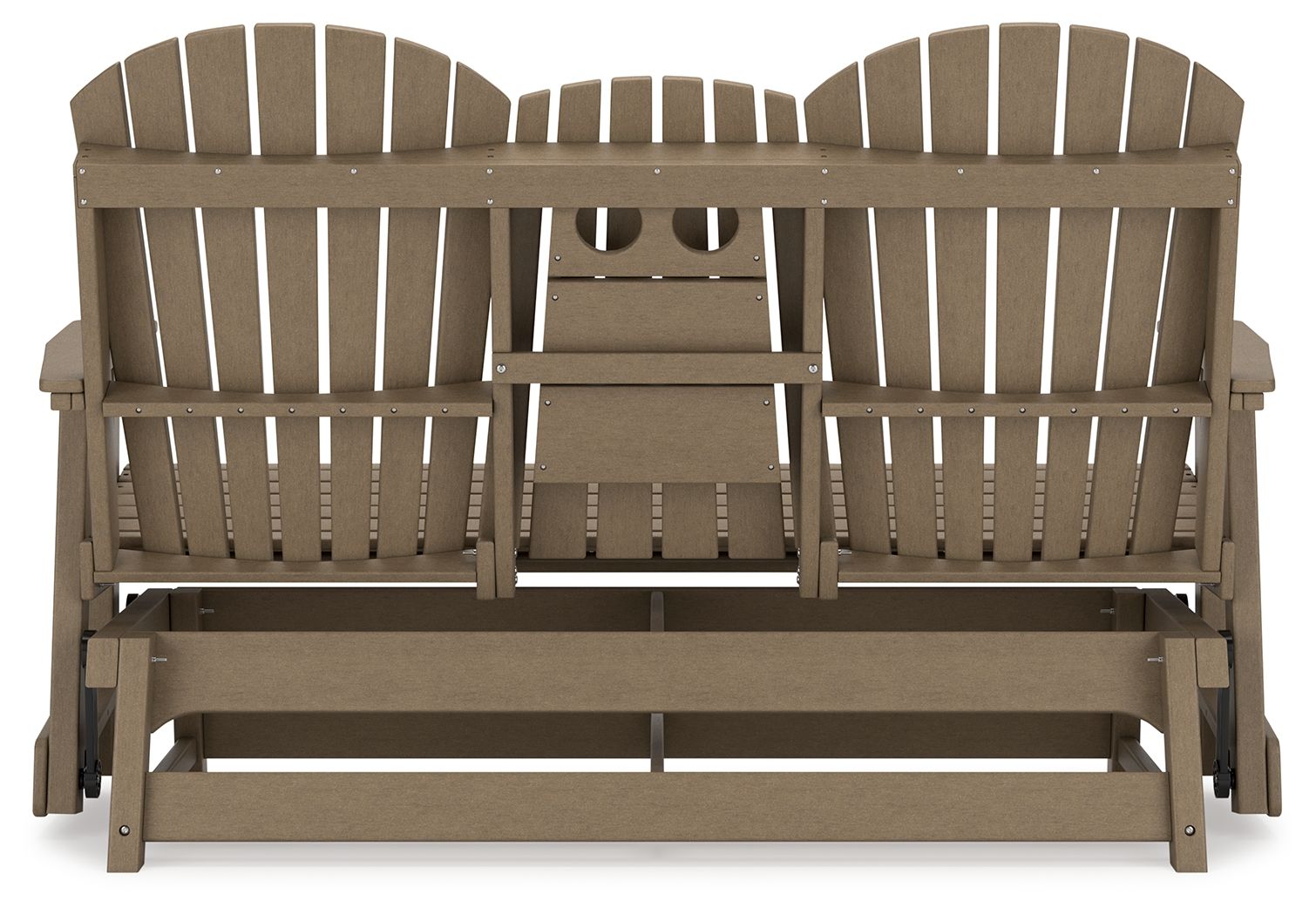 Dark brown outdoor loveseat with slatted back, armrests, and bench seat