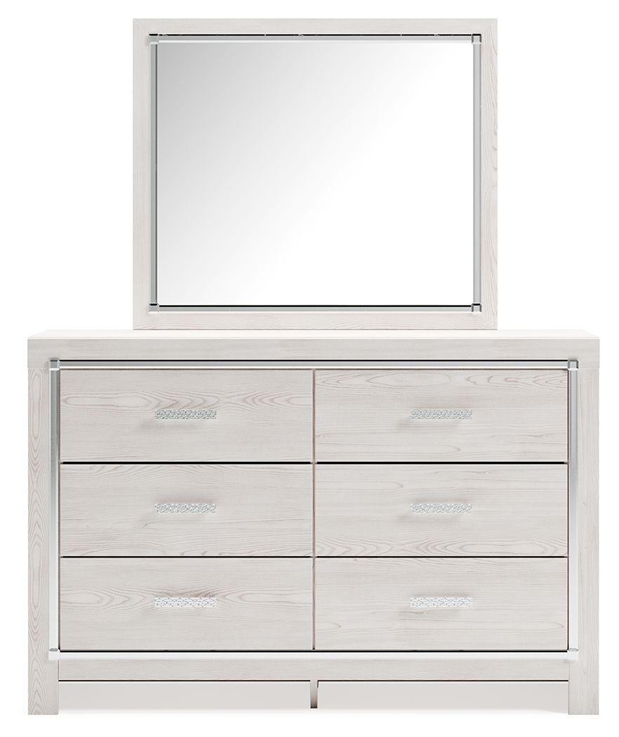 White dresser with mirror, mirror above six drawer cabinet with metal bar pulls