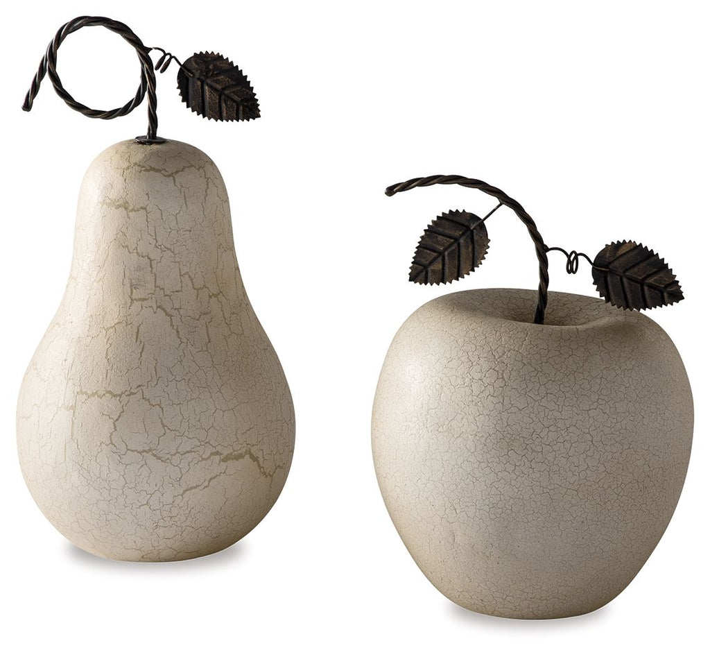 Set of 2 antique white crackle pear sculptures with leaf top handles