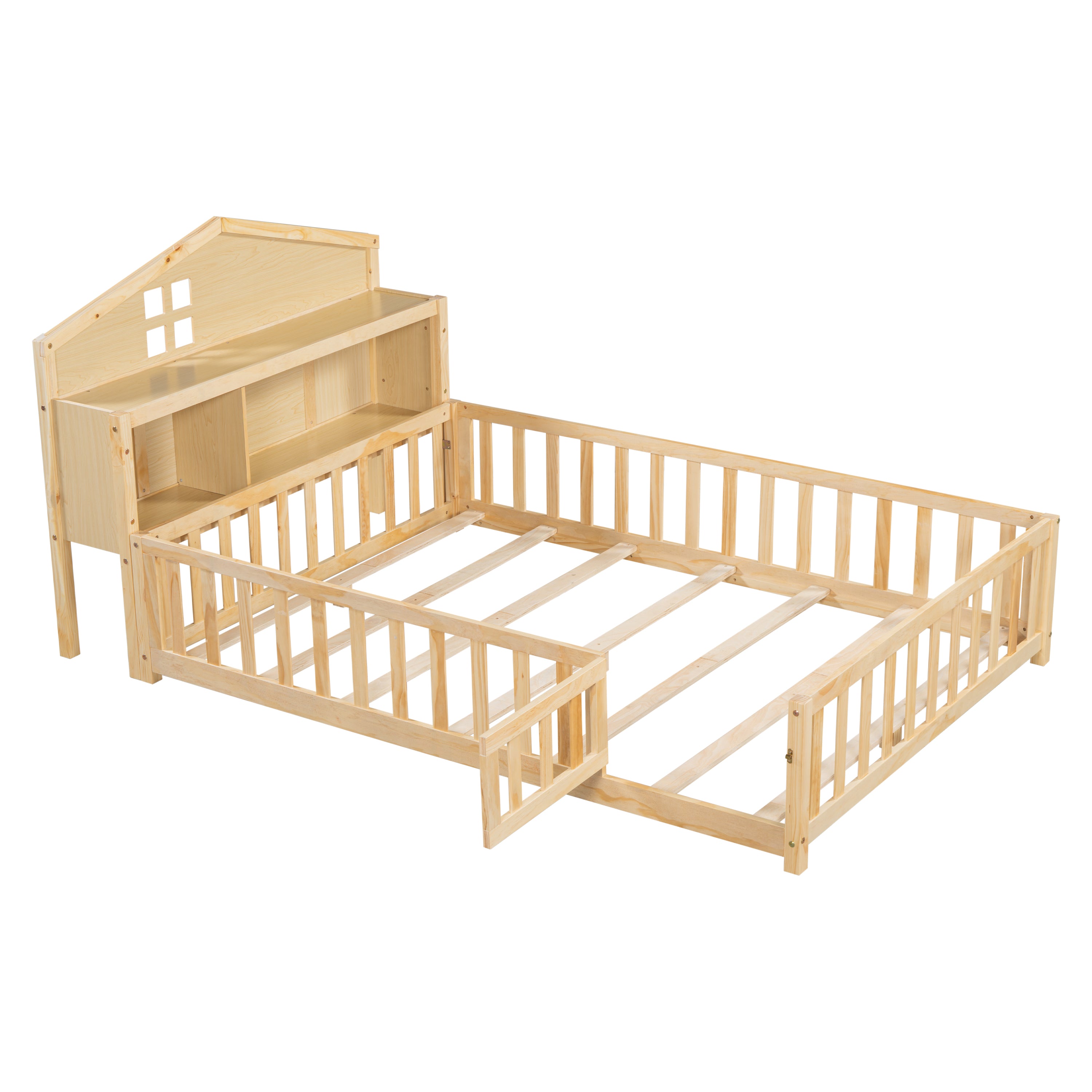 Montessori Solid Wood Floor Bed with Bookcases, Blackboards & Rails