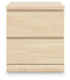 Light brown two-drawer night stand front with three horizontal drawer panels
