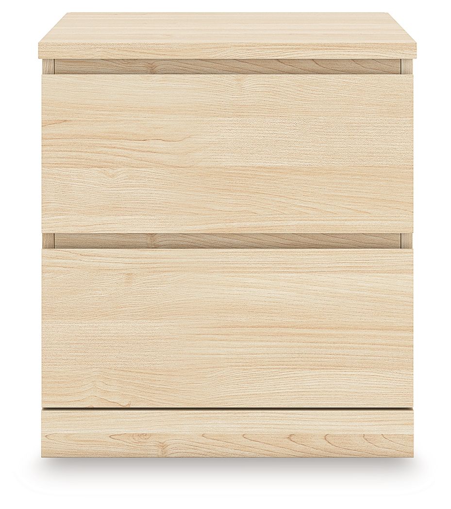 Light brown two-drawer night stand front with three horizontal drawer panels