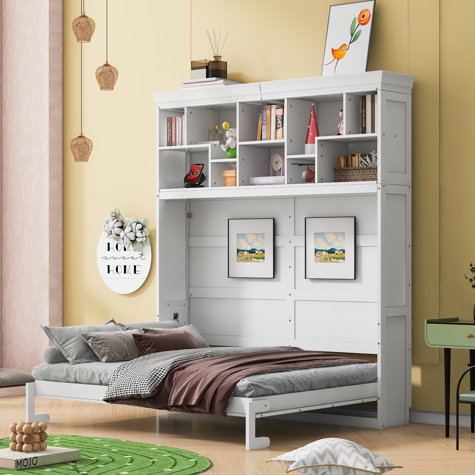White Queen Size Murphy Wall Bed with Top Shelves & USB