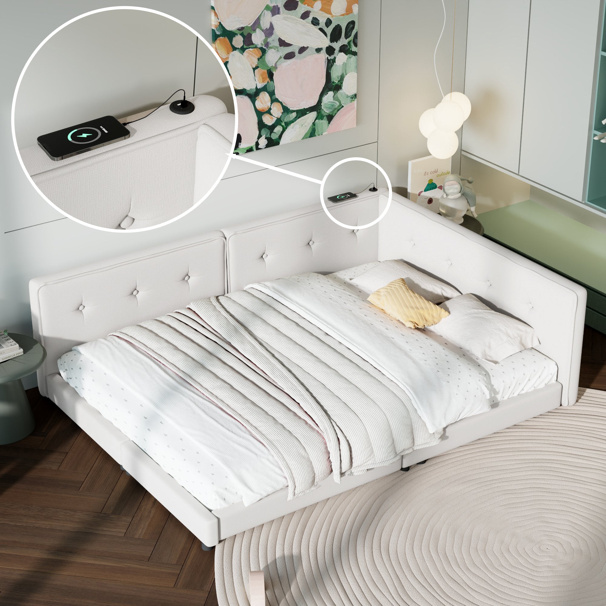 Beige Upholstered Full Size Platform Bed with USB Ports