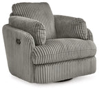 Ribbed fabric swivel recliner chair with padded headrest and wide arms, dark gray