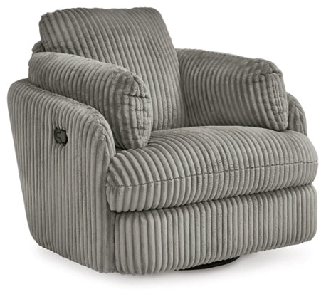 Ribbed fabric swivel recliner chair with padded headrest and wide arms, dark gray