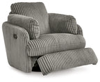 Ribbed fabric swivel recliner chair with extended footrest and headrest, dark gray