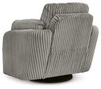Gray ribbed swivel glider recliner with thick arms and recline seat angle.