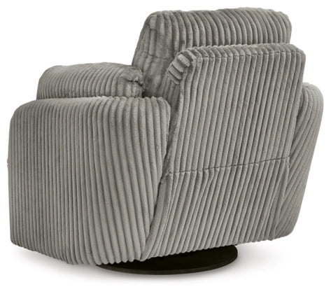 Gray ribbed swivel glider recliner with thick arms and recline seat angle.