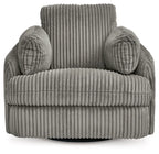 Ribbed fabric swivel recliner chair with rounded arms and backrest, dark gray