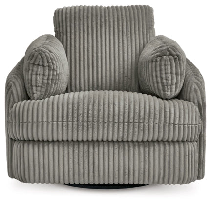 Ribbed fabric swivel recliner chair with rounded arms and backrest, dark gray