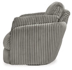 Gray ribbed swivel glider recliner with rolled back and thick curved arms.