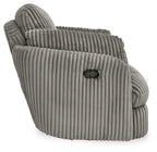 Gray corduroy swivel glider recliner with plush ribbed upholstery and rounded armrests.
