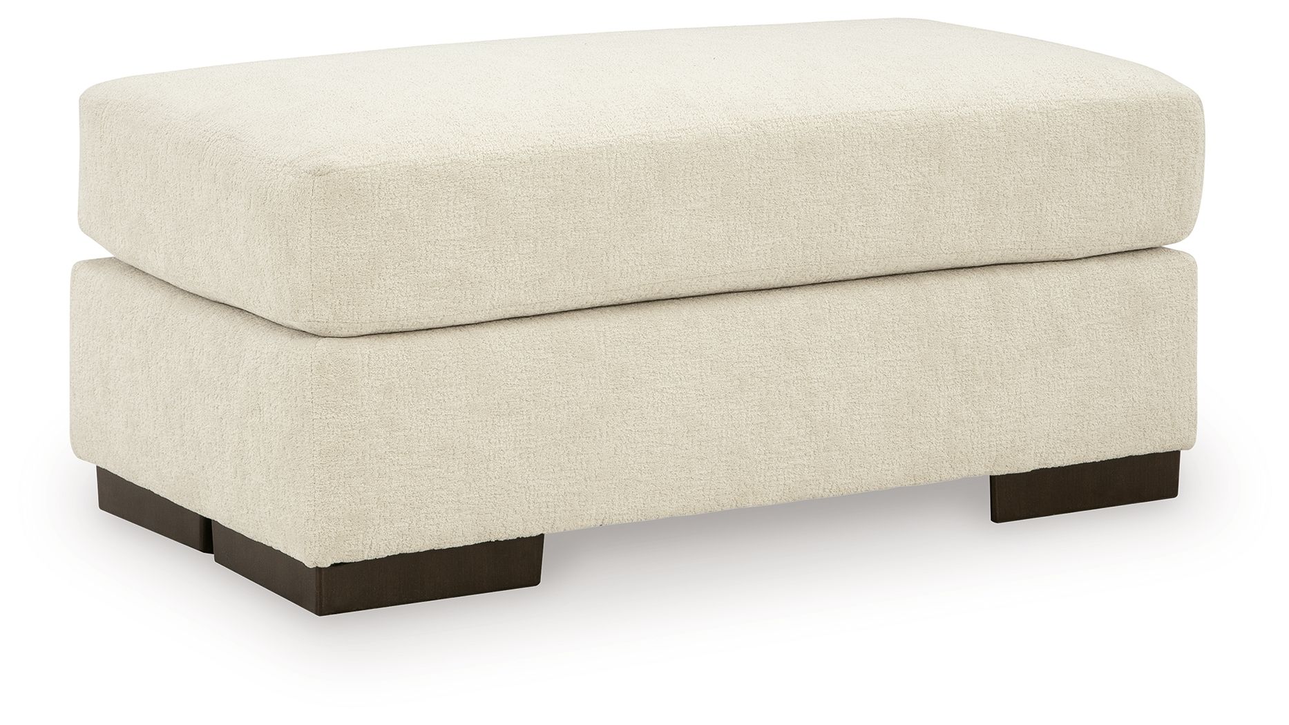 Fabric ottoman in beige with padded top and dark wooden legs.