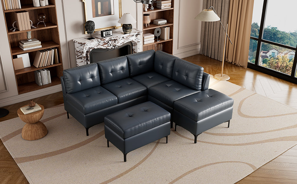 94.88" Dark Gray L-Shaped Sectional Sofa with Storage Ottomans, PU Leather Living Room Couch-American Furniture Outlet -American Furniture Outlet