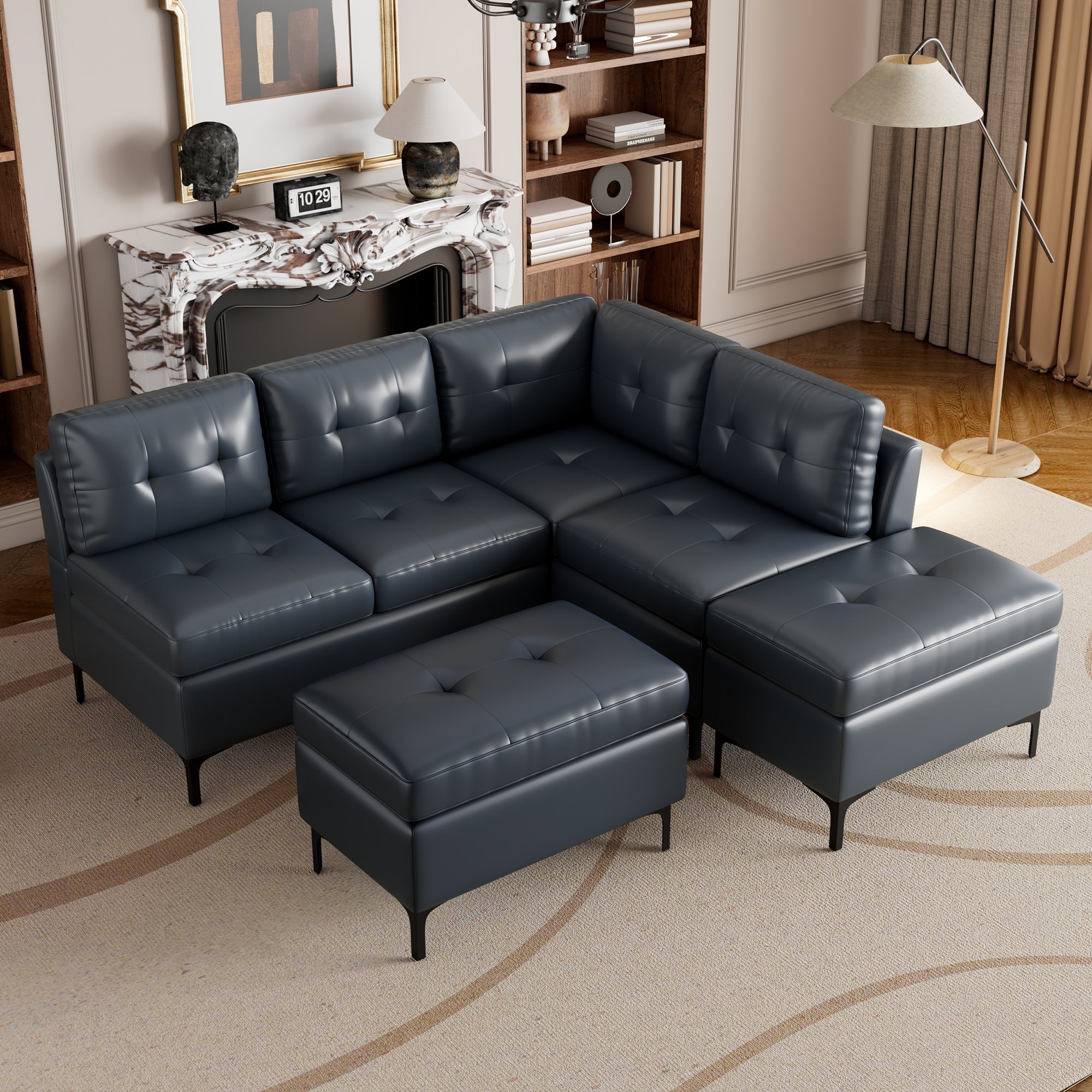 94.88" Dark Gray L-Shaped Sectional Sofa with Storage Ottomans, PU Leather Living Room Couch-American Furniture Outlet -American Furniture Outlet