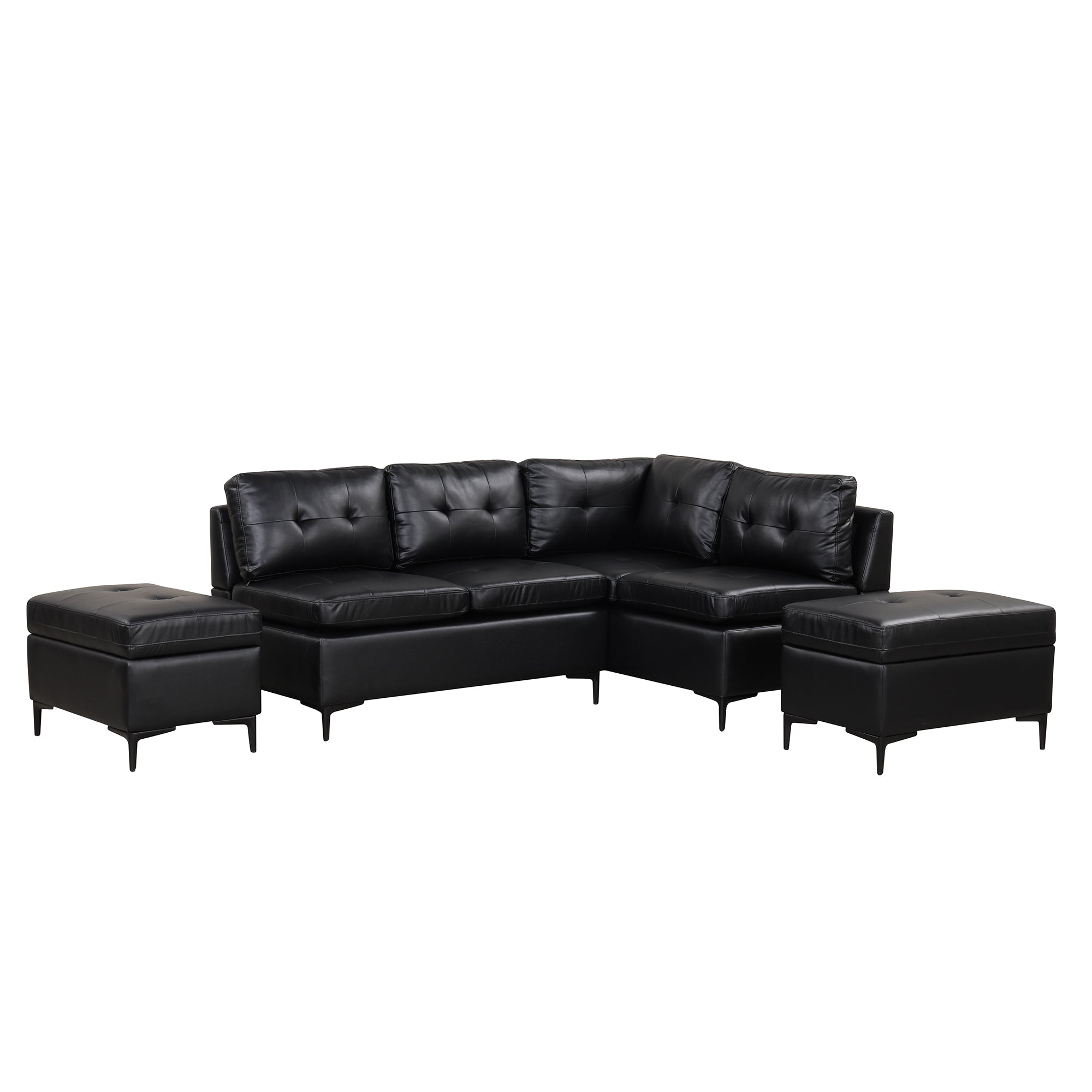 94.88" Black PU Leather L-Shaped Sectional Sofa with Storage Ottomans-Stationary Sectionals-American Furniture Outlet
