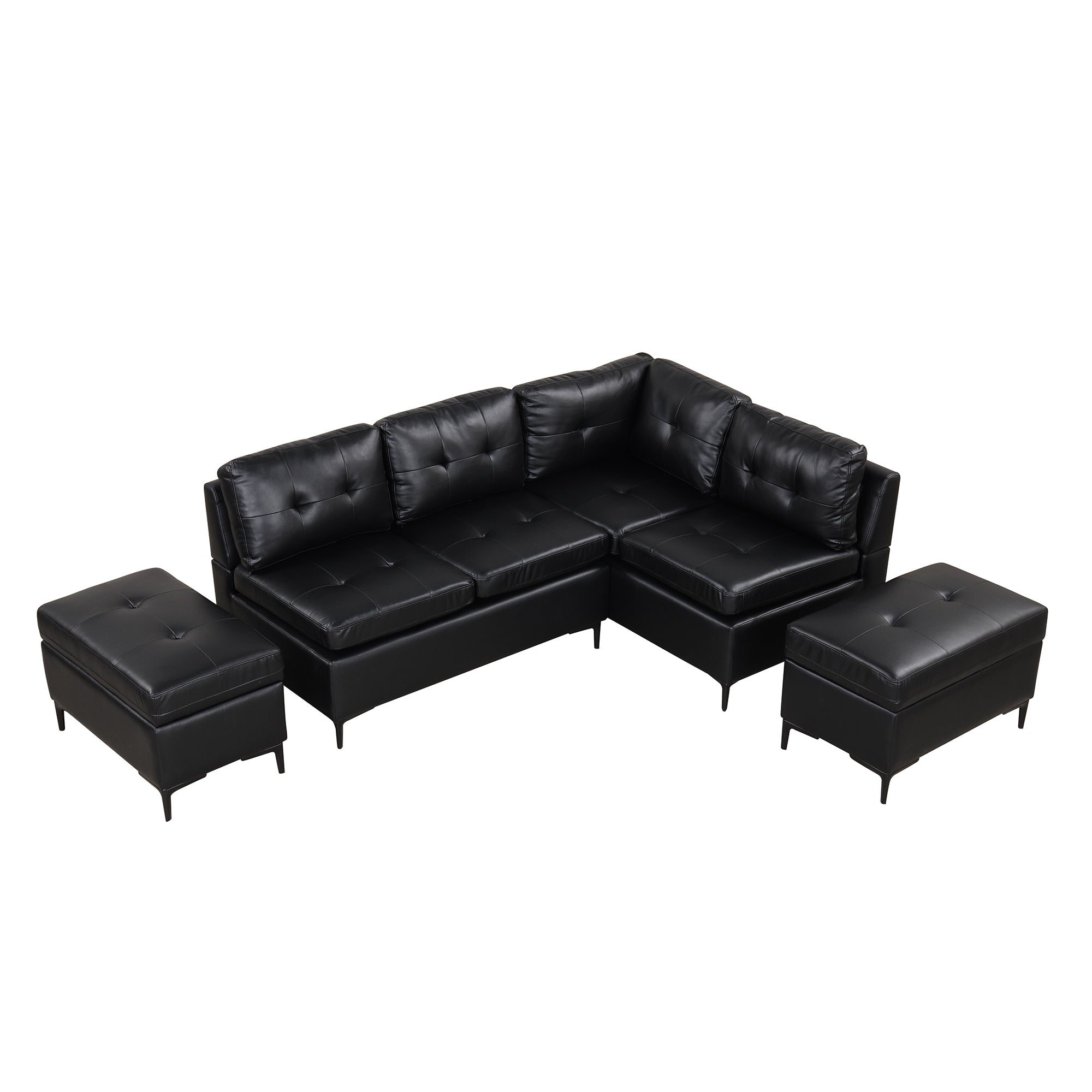 94.88" Black PU Leather L-Shaped Sectional Sofa with Storage Ottomans-Stationary Sectionals-American Furniture Outlet