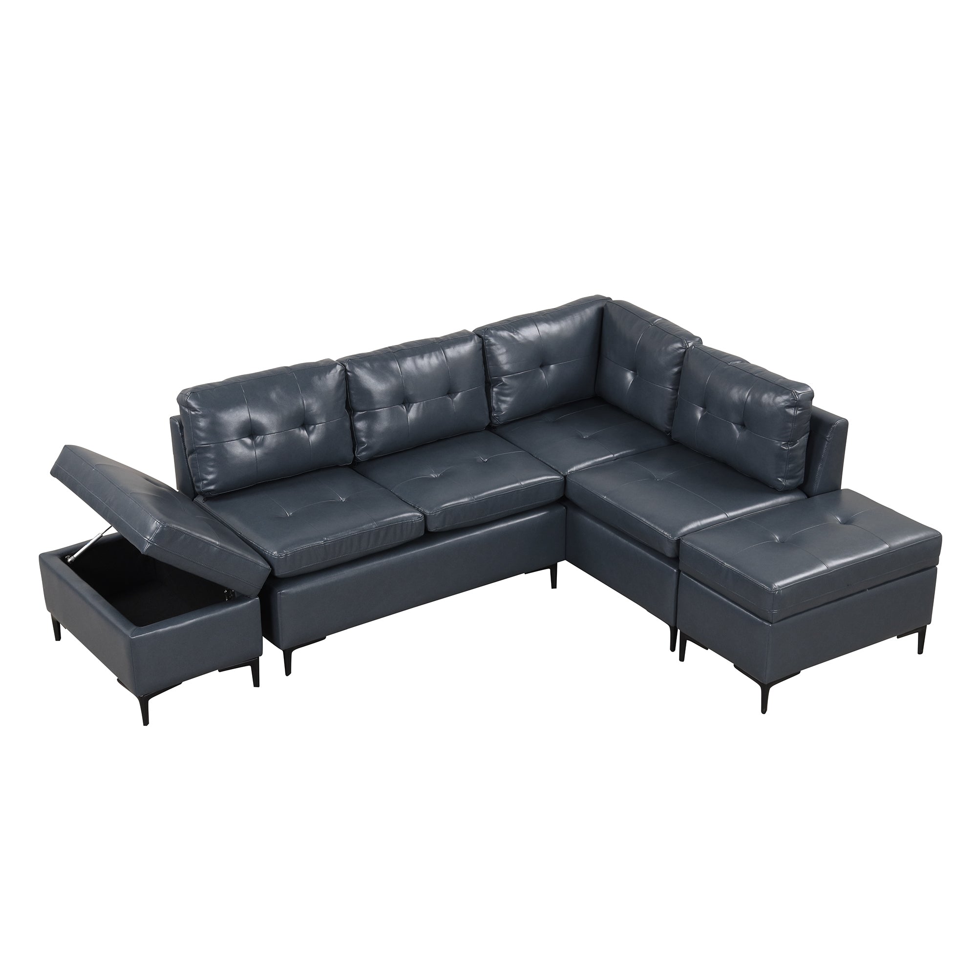 94.88" Dark Gray L-Shaped Sectional Sofa with Storage Ottomans, PU Leather Living Room Couch-Stationary Sectionals-American Furniture Outlet