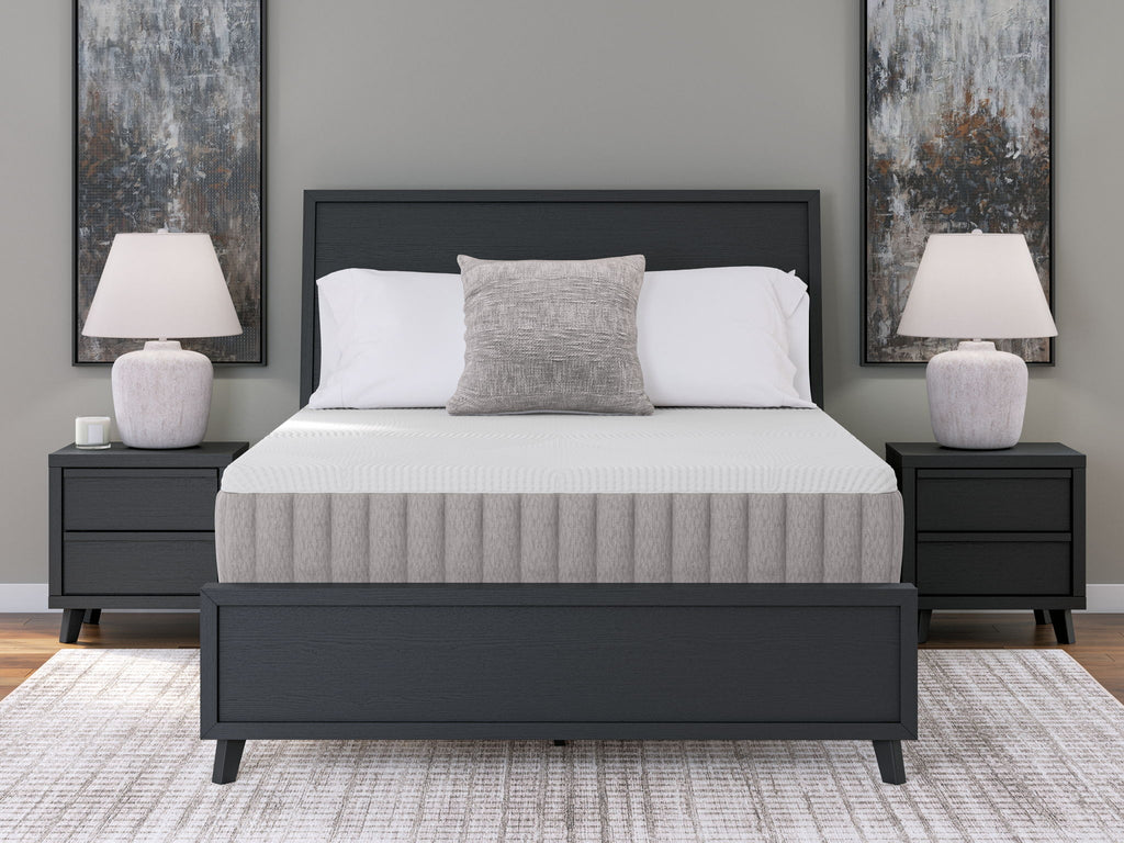 White mattress with gray vertical-texture sides, shown from the front on bed frame