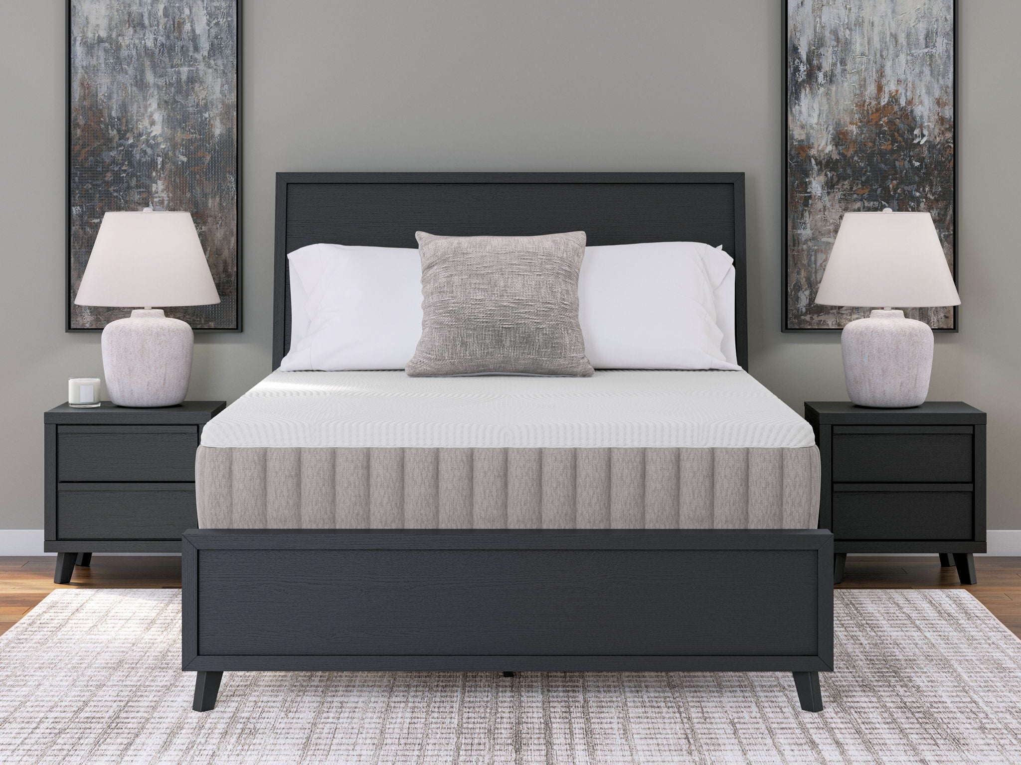 White mattress with gray vertical-texture sides, shown from the front on bed frame