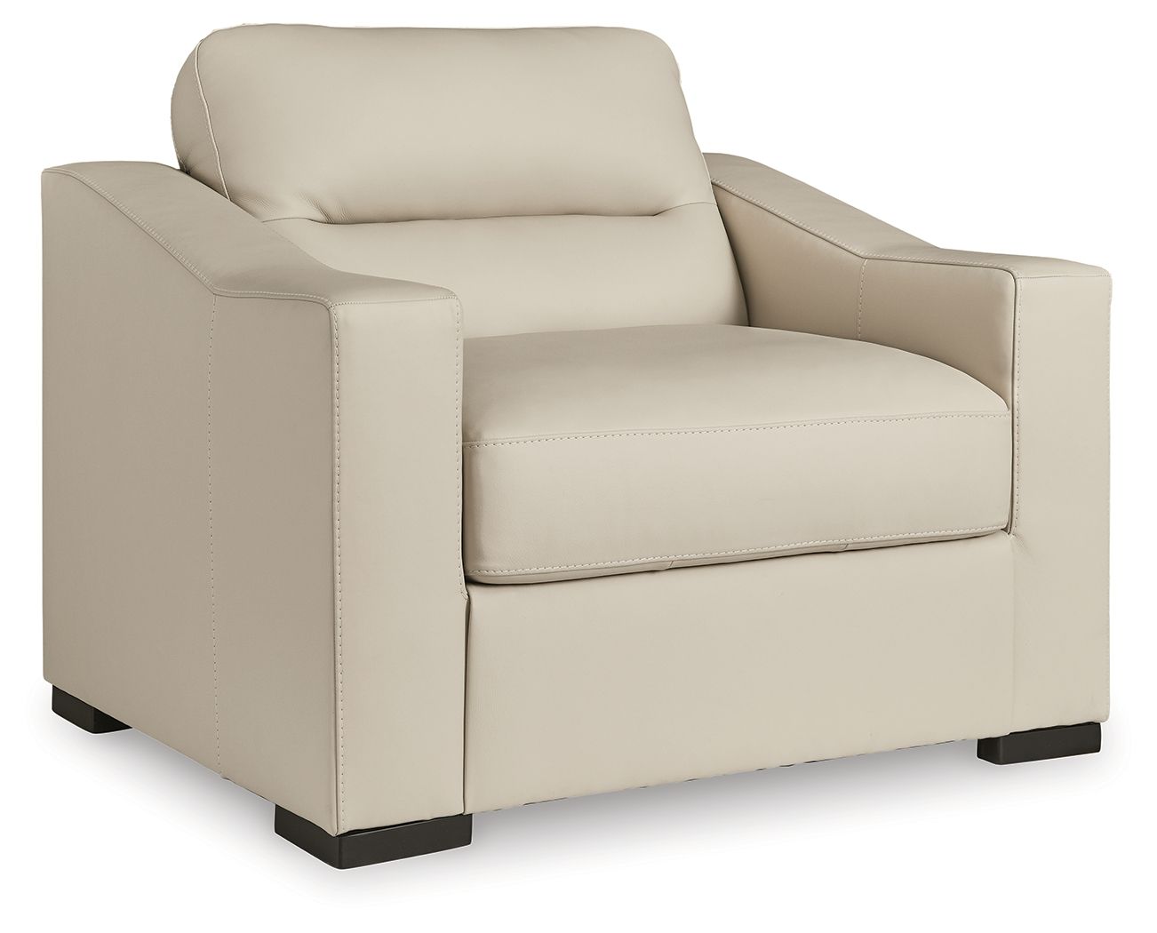 Almond accent chair with square arms, cushioned seat, and dark base legs