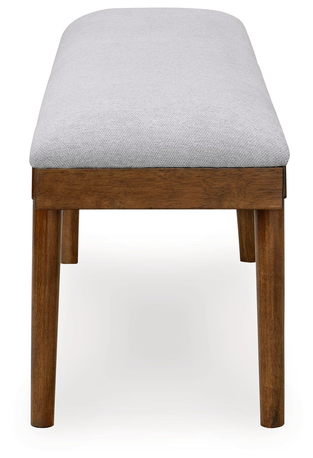 Upholstered dining bench with gray seat cushion and dark brown wood sides
