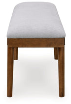 Upholstered dining bench with gray seat cushion and dark brown wood sides